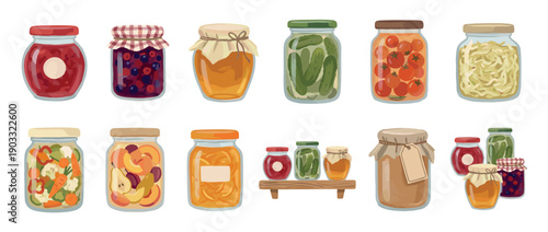 Collection of illustrated glass jars with homemade preserves, including pickled vegetables, fruit jam, honey, and compote in a charming, rustic cartoon style for pantry concepts