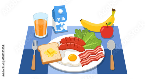 Set upon a blue placemat, this appetizing vector illustration depicts a complete breakfast spread with eggs, bacon, sausage, toast, and salad, paired with a glass of juice, milk, and fresh whole fruit
