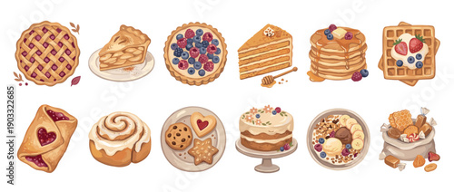 Large collection of sweet desserts and pastries including pie, cake, pancakes, waffles, and cookies, illustrated in a charming and detailed cartoon style for a confectionery