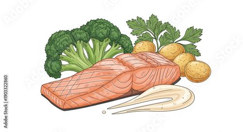 Fresh salmon fillet with broccoli, potatoes, and sauce on an isolated white background