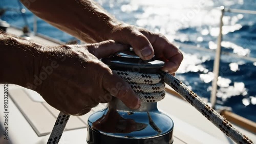 Close up of weathered hands operating a boat winch on a bright sunny day at sea