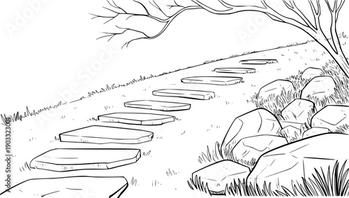 Schilderij op canvas Hand Drawn of Stepping Stones Path Leading Up a Grassy Hill Under a Tree garden
