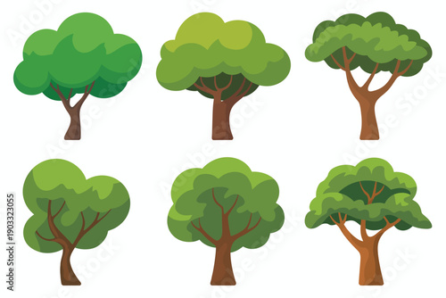 Stylized green trees with brown trunks and branches a white background nature plant