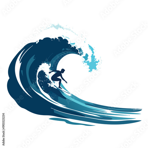 Surfer Riding a Massive Blue Ocean Wave