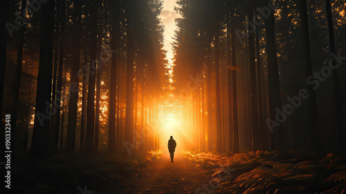 A person is walking through a forest at dusk