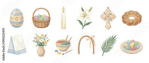 Set of traditional Easter celebration icons including painted eggs, a wicker basket, a lily, a cross, a candle, and a palm leaf, rendered in a soft watercolor illustration style
