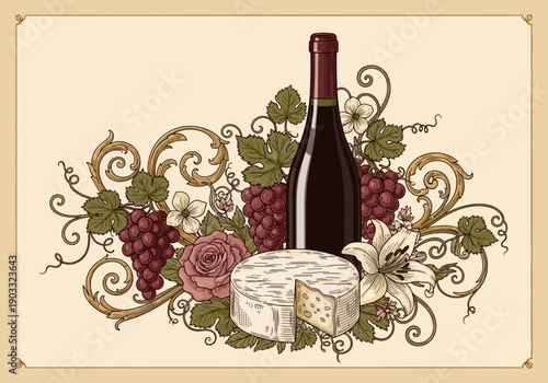 A vintage postcard. An elegant bottle of wine and a wheel of cheese in the center, surrounded by grape vines, flowers, and swirls. Romance, history, nobility.