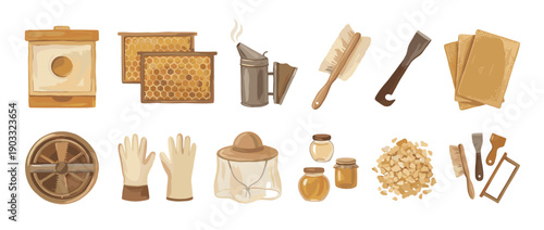 Collection of beekeeping equipment and tools including a beehive, honeycomb, smoker, and honey jars, illustrated in a charming, rustic cartoon style for apiculture concepts