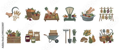 Farming and harvesting illustration icon set with fresh vegetables, fruits, gardening tools, and preserved goods in a rustic, hand-drawn style representing an organic local market