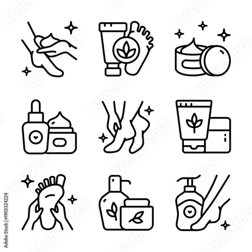 Foot Care and Hygiene Icon Set: Clean Outline Symbols for Wellness Program Communication, Digital Health Content and Spa Visit Guide