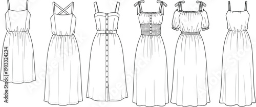 CAD drawing flat vector illustration of women’s dresses fashion design template, sleeveless, belted, smocked, puff sleeve, tie-strap styles