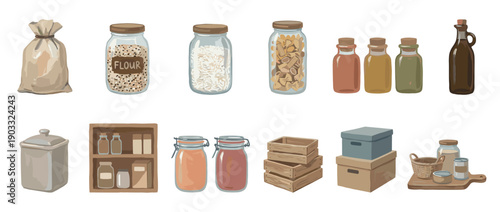 Collection of illustrated pantry storage items including glass jars with food, wooden crates, boxes, and bottles for a well-organized kitchen and larder concept
