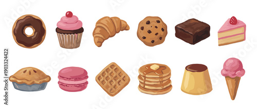 Large collection of illustrated desserts and pastries including a donut, cupcake, croissant, cookie, cake, pie, macaron, waffle, and ice cream in a simple, painterly style