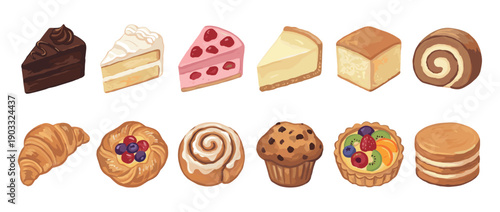 Large collection of illustrated cakes and pastries including chocolate cake, cheesecake, croissant, muffin, and a fruit tart, presented as a colorful set of sweet dessert icons