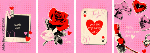 Valentine's day halftone collage playful funny greeting cards set with cut out paper clipping shapes and doodles. Instant photo frame, red rose, hearts, ace of heart. Modern retro vector illustration