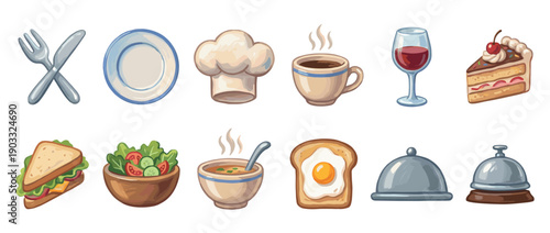 Set of food and restaurant icons featuring a sandwich, salad, soup, cake, wine, and coffee in a charming hand-drawn cartoon illustration style for culinary design elements