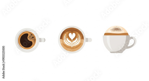 Three different coffee drinks in white cups viewed from above.