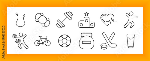 Sport set icon. Dumbbell, bike, ball, trophy, jump rope, weightlifting, fitness, hockey, heart rate, podium, activity, glass, workout, athlete, motion