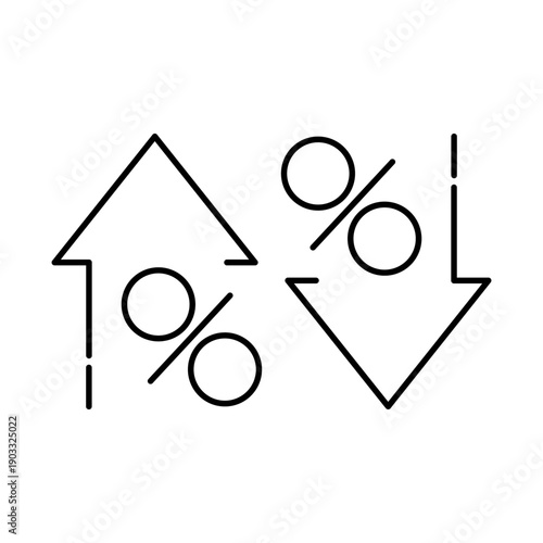 Black line vector icon of upward and downward arrows with percent symbols representing increase, decrease, rate change, statistics, finance, growth, decline design