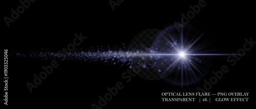 Cosmic ed glowing optical flare with bright core, particle trail, and intense beam. Suitable for overlays, motion design, and modern visual compositions.