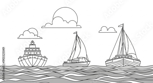 Three different boats sailing on the ocean waves under clouds.