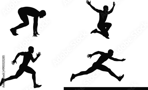 Athlete Running and Jumping Silhouette Set, Track and Field Sports Action Vector Illustration Isolated on White Background
