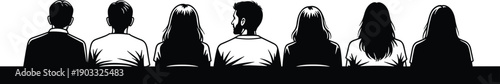 Audience silhouettes sitting in row, rear view people group, conference seminar concept, teamwork meeting, diverse crowd illustration, isolated vector design