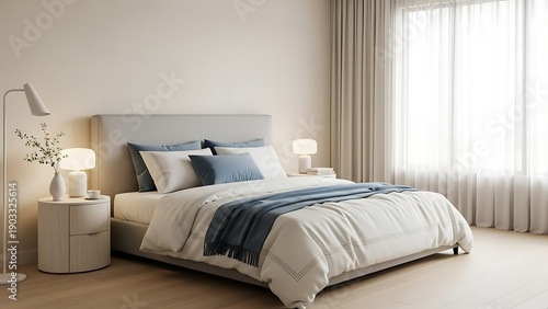 Cozy modern bedroom with soft lighting and calming colors