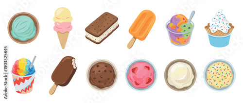 Collection of twelve colorful frozen dessert illustrations including ice cream cones, popsicles, sundaes, and shaved ice in a fun, cartoon style for summer treats and sweet food concepts