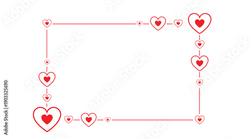Minimal red heart frame border on white background with connected love icons and clean lines. Romantic Valentine’s Day design with copy space, perfect for greeting cards, invitations, banners, posters