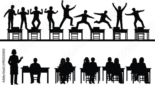Classroom Discipline Concept Illustration, Misbehaving Students Standing on Desks and Attentive Learners in Class, Education Behavior Contrast Silhouette