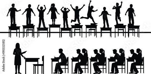 Silhouette of school children standing on desks versus sitting in rows, symbolizing creative freedom, rebellion, unconventional education, and student empowerment.