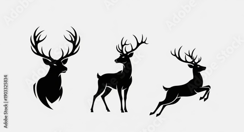 Three Silhouette Deer with Antlers on White Background.