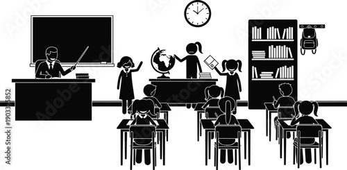 Classroom Teaching Scene Illustration, Teacher and Students Learning Geography Lesson with Globe, School Education Concept Isolated on White Background