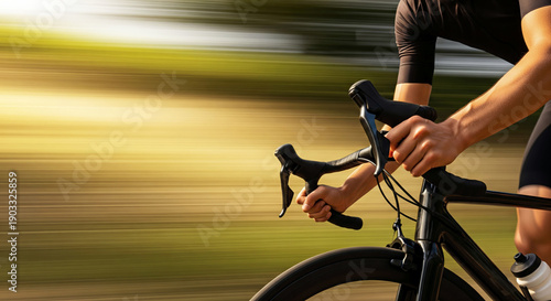 Close up of cyclist hands on handlebars with motion blur