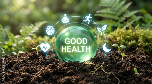 Holistic good health concept – wellness icons around glowing green sphere in nature