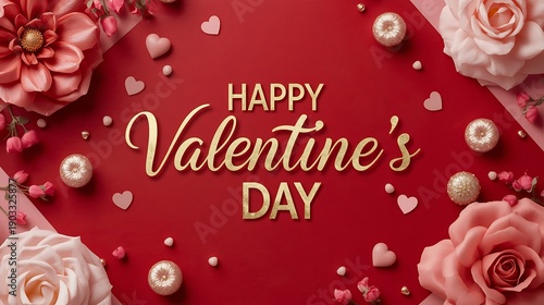 Happy valentines day greeting written in elegant golden font centered on vibrant red background decorated with pink roses hearts and ornaments