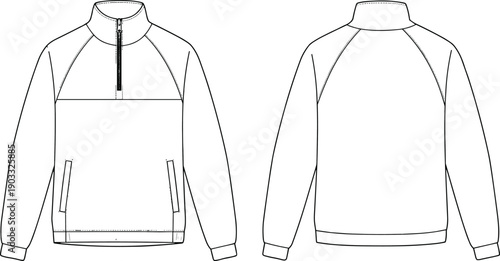 cad drawing flat vector illustration, half zip high neck technical jacket, fashion design template, outerwear windbreaker menswear womenwear