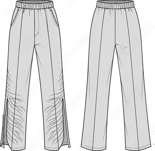 cad drawing flat vector illustration, women’s wide leg pants design, elastic waist casual trousers with slit and textured detail