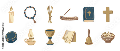 Collection of religious and spiritual items for faith and worship, including a cross, bible, candle, and rosary, illustrated in a charming, textured, hand-drawn artistic style