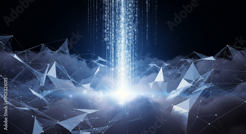 Stunning digital landscape with glowing data stream and geometric network