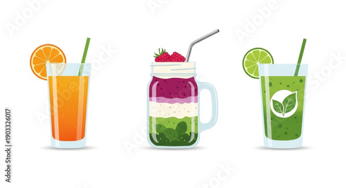 Three refreshing healthy fruit juices and smoothies in glasses.