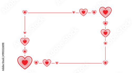 Minimal red heart frame border on white background with connected love icons and clean lines. Romantic Valentine’s Day design with copy space, perfect for greeting cards, invitations, banners, posters