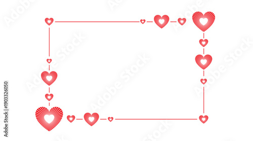 Minimal red heart frame border on white background with connected love icons and clean lines. Romantic Valentine’s Day design with copy space, perfect for greeting cards, invitations, banners, posters
