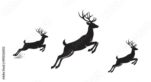 Three leaping deer silhouettes in motion.