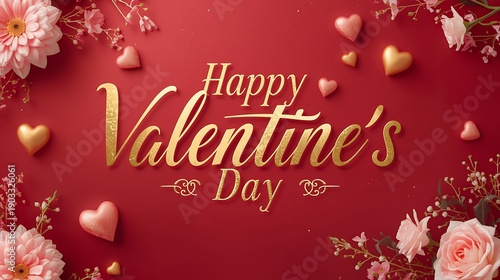 Happy valentine day greeting card with golden elegant text on deep red background decorated with soft pink roses and shiny metallic hearts