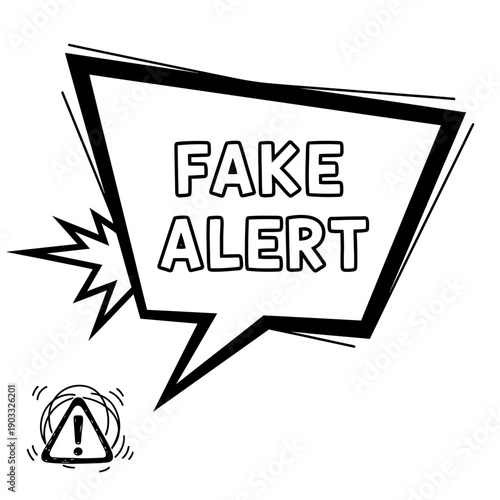 Comic Speech Bubble with "FAKE ALERT" Text and Warning Sign on an Isolated White Background