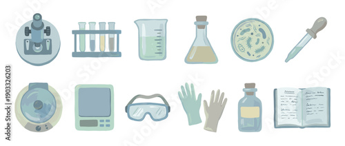 Scientific laboratory equipment and tools illustration set including a microscope, test tubes, beaker, and petri dish in a simple, hand-drawn cartoon style