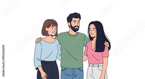 Three friends standing together with arms around each other.