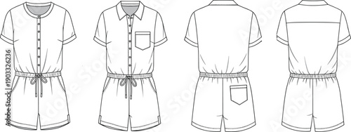 Button front romper fashion sketch, short sleeve playsuit, technical cad template, casual summer outfit vector drawing for garment designers